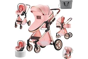 MAGIC ZC 3 in 1 Baby Stroller Travel System, Reversible Newborn Foldable Pram, Infant High Landscape Pushchair, Portable Standard Stroller, Reclining Buggy, Baby Carriage (MGV9-PINK Without Base)