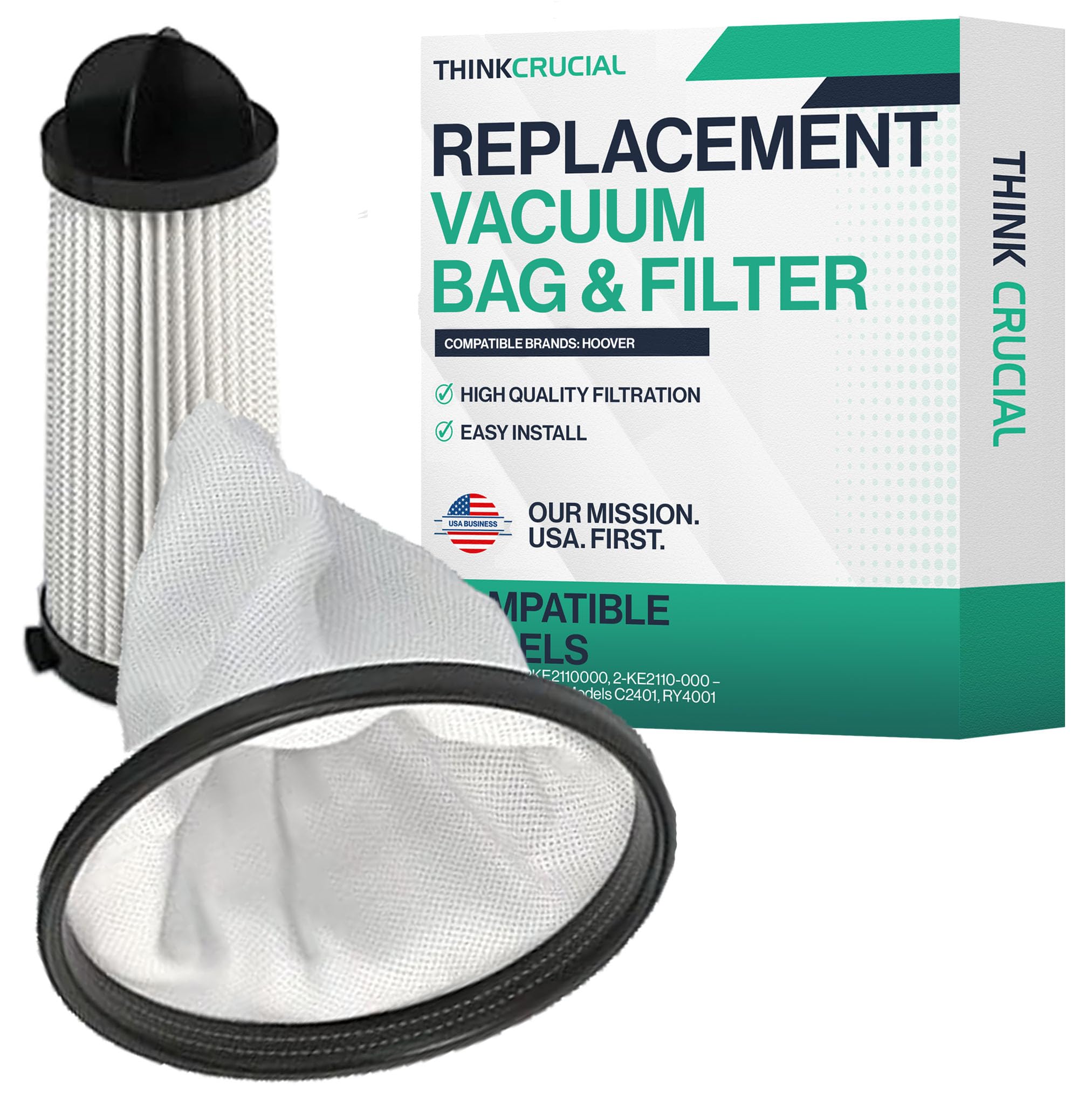Photo 1 of Think Crucial Replacement Vacuum Bag and Filter – Compatible with Hoover Part # 2KE2110000, 2-KE2110-000 – Fits Hoover Vacuum Models C2401, RY4001 – Bulk (1 Bag & 1 Filter)