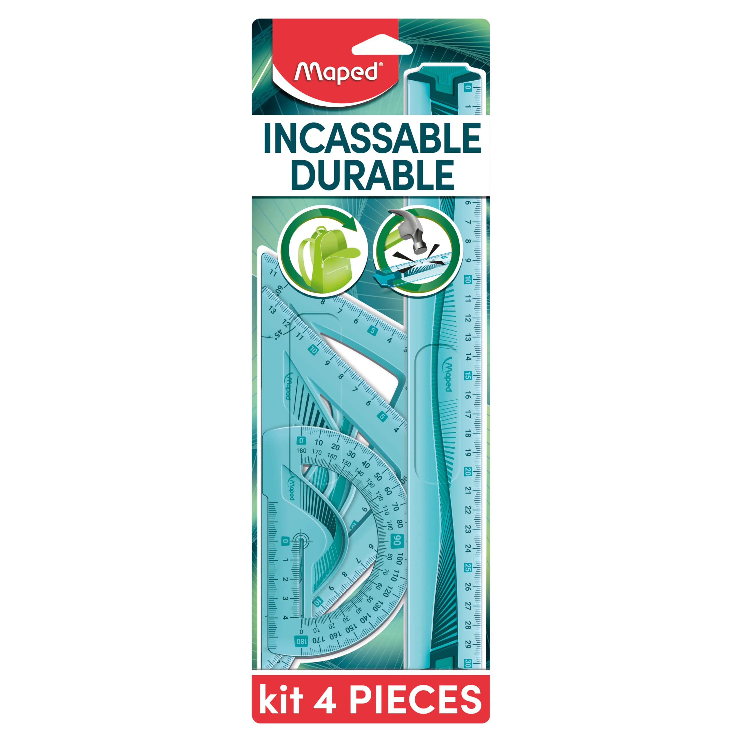 Maped 4-Piece Unbreakable tracing kit consisting of: 1 Ruler 30 cm, 1 Square 60°/21 cm, 1 Square 45°/21 cm and 1 Protractor 180°/12 cm Blue