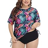 FOREYOND Plus Size Swim Tops Women Short Sleeve Rash Guard Shirts UPF 50+ Sun Protection Swimwear Swim Suits
