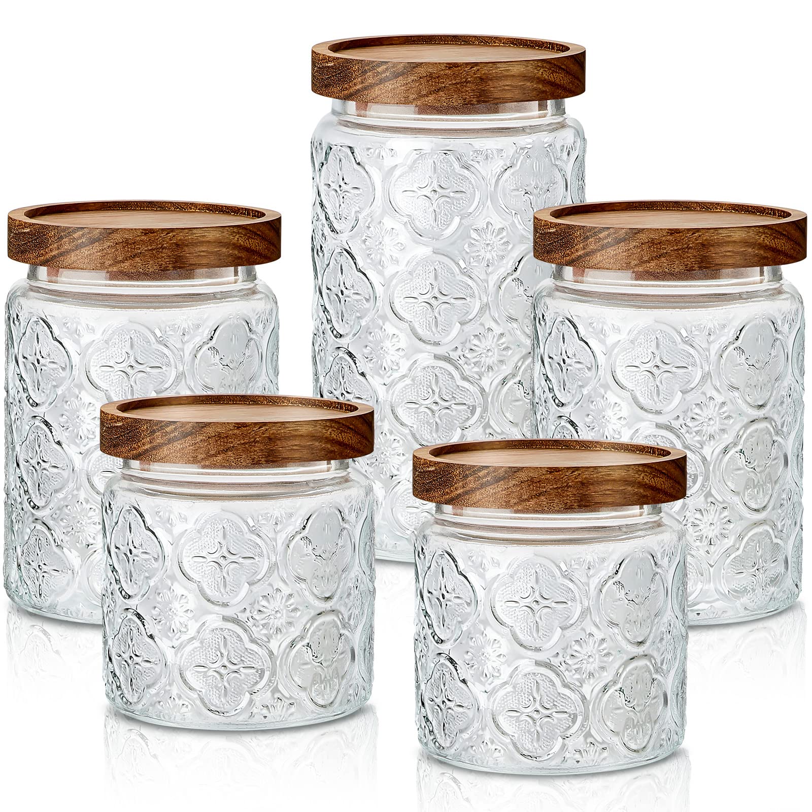 Photo 1 of Gerrii 5 Pcs Vintage Glass Food Storage Containers 17/24/34 oz Glass Jar with Lid Begonia Pattern Airtight Candy Jar Food Canisters for Kitchen Counter Pantry Coffee Tea Beans(Round)