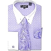 Men's Checkerd Pattern Regular Fit French Cuffs Long Sleeve Dress Shirts with Tie Hanky Cufflinks Collar Bar Combo