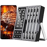 Wireless Meat Thermometer with Smart Timer & APP Alerts, 800ft Bluetooth Grill Food Thermometer, 4 X 0.19In Ultra Thin Probes, ±0.5℉ Accuracy, Big Digital Backlit Screen, for BBQ, Oven, Smoker