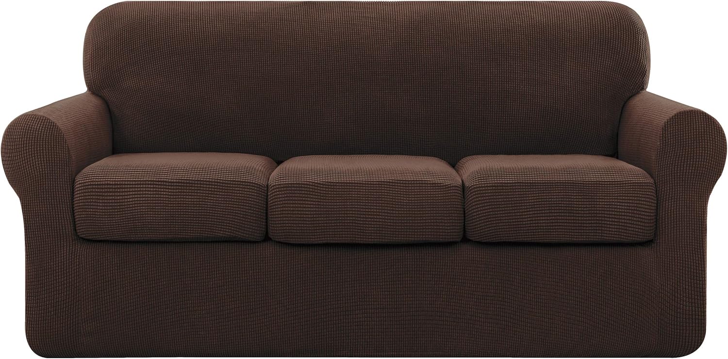 Slipcovers - subrtex 4 Piece Sofa Cover High Stretch Couch Slipcover for 3 Cushion Soft Sofa Slipcover Jacquard Fabric Furniture Covers with Elastic Bottom Machine Washable(Chocolate,Large)