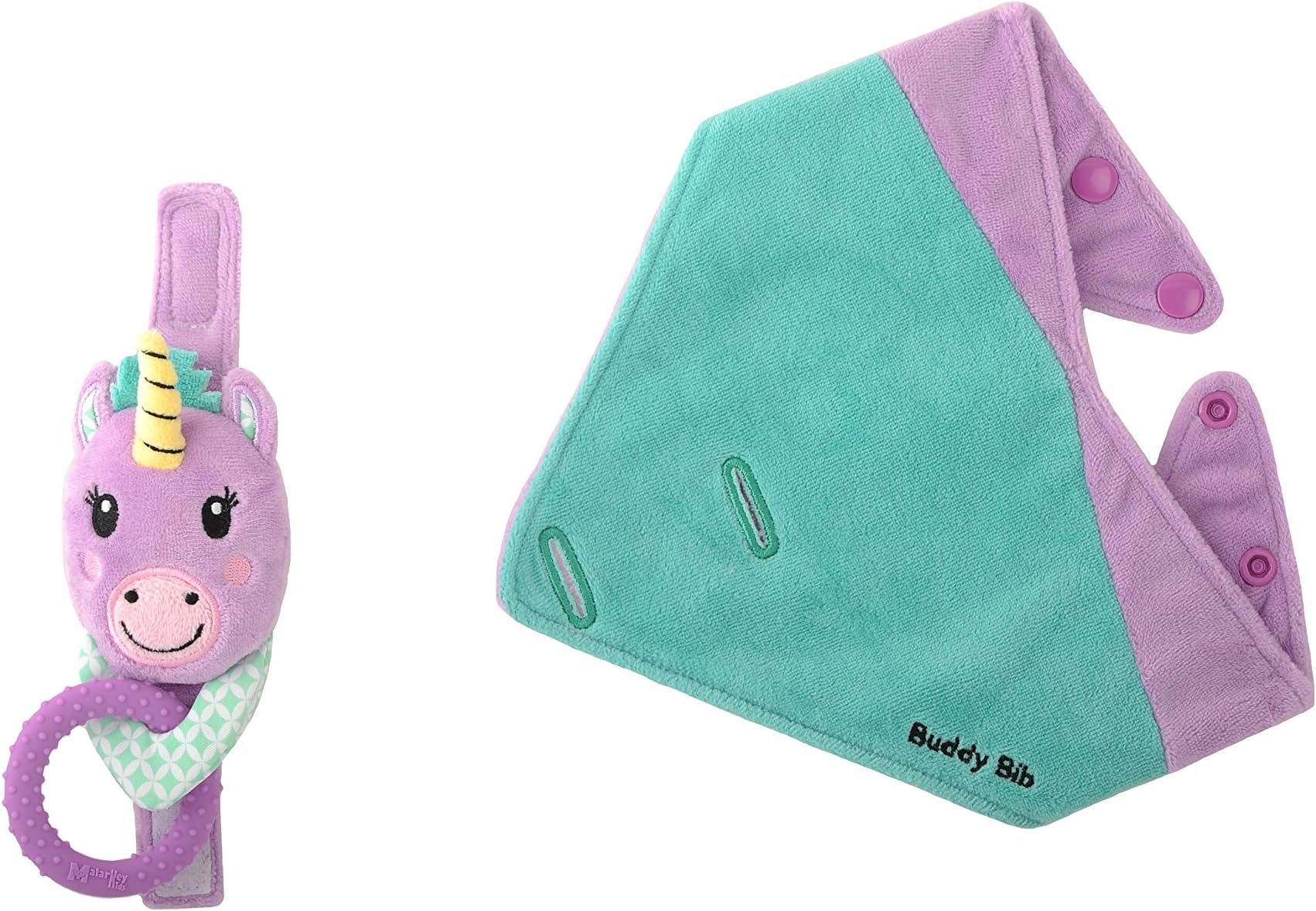 The Makers of the Munch Mitt Introduce the Buddy Bib, 3 in 1 Bandana Drool Bib - Stuffed Animal, Teething toy, Pacifier Holder - Unice Unicorn