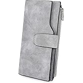 UTO RFID Wallet for Women PU Matte Leather Card Holder Organizer Zipper Coin Purse with Snap Closure Grey