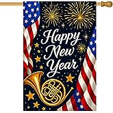 HOMETITUTE Happy New Year House Flag 28x40 Inch American Flag and French Horn Design Garden Flag Fireworks Outdoor Yard Decoration Patriotic Holiday Banner for Home Porch Lawn