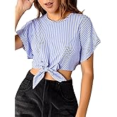 winkbay Women's Striped Crop Tops Cute Tie Front Zipper Crew Neck Going Out Blouse