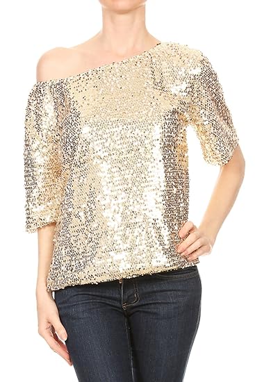 Anna-Kaci Damen EIN Schulter Kurzarm Blingeling Glitzer Pailletten Lose Bluse Batwing T-Shirts Vintage Tops Oberteile