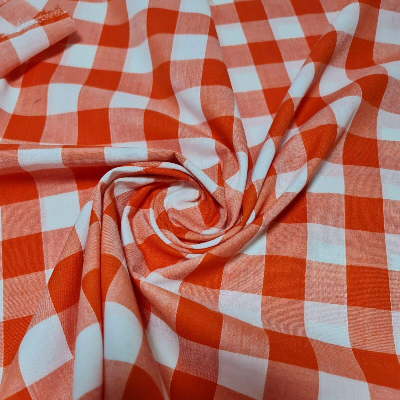 Polycotton Fabric 1" Gingham Check Material Dress Craft Uniform Checked 112cm (Orange, 5 Meter) — image 1