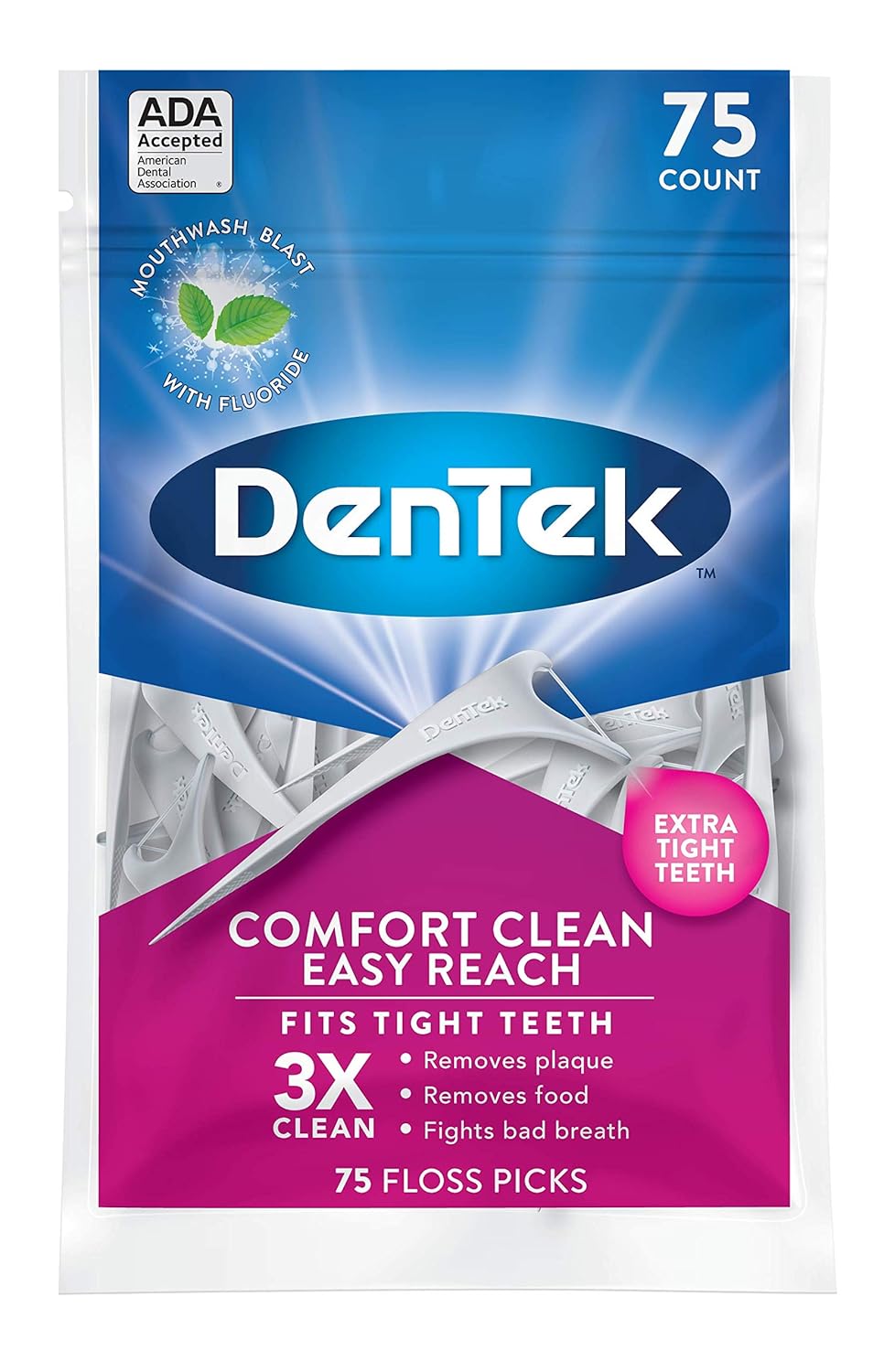 DenTek Comfort Clean Easy Reach Floss Picks | Cleans Back Teeth | 75 Count | 6 Pack | Packaging May Vary : Flossing Products : Beauty