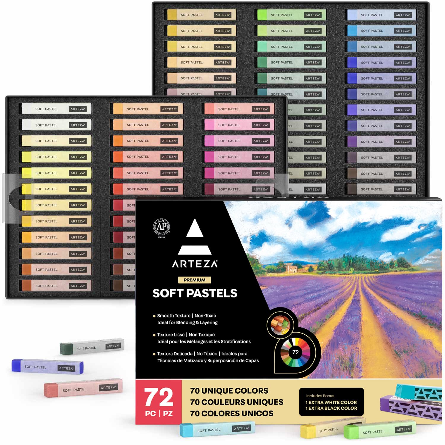 ARTEZA 72 Soft Pastels with 1 Extra White & Black Colours, Bright, Vibrant, & Neutral Tones, Chalk Pastels for Drawing, Blending, Layering, & Shading