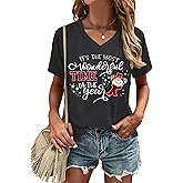 HQP Christmas Shirts for Women: Merry Christmas V Neck T Shirt Xmas Tree Graphic Tees Christmas Vacation Short Sleeve Tops