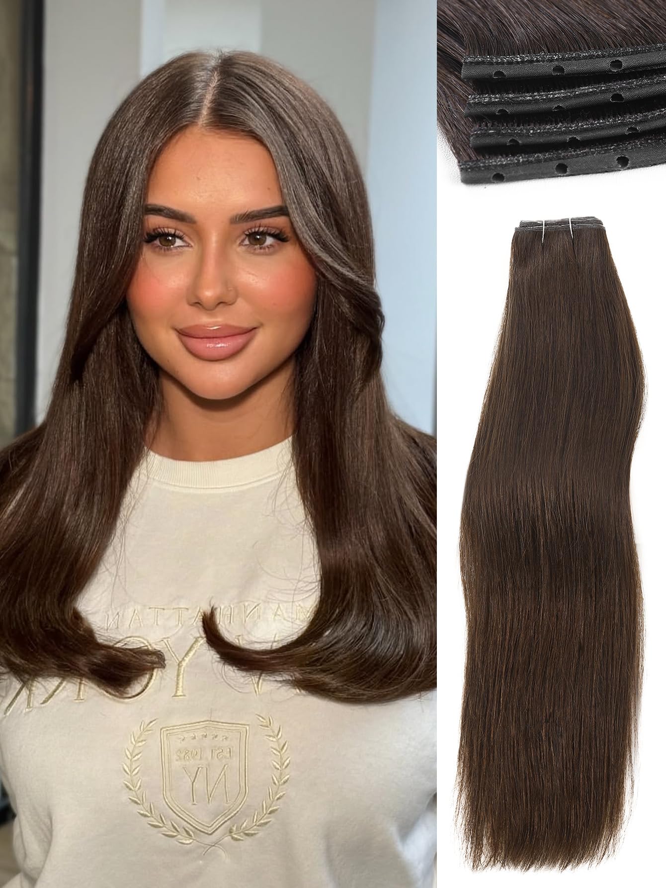 Photo 1 of WIGNEE Double Invisible PU OVO Human Hair Extensions 100% Remy Hair Weft Brown Hair Extensions Human Hair 2 PCS 14 Inch No Glue Genius Weft Micro Bead Real Human Hair Extensions (2)