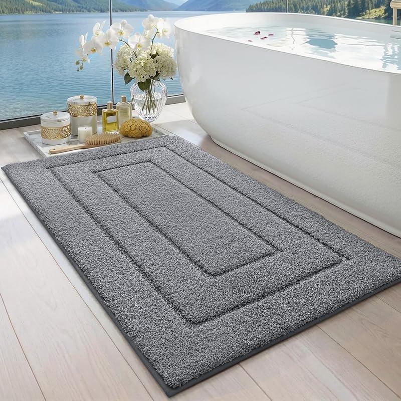 DEXI Bath Mat 60 x 110 cm Grey Microfiber Non-Slip Machine Washable Rug