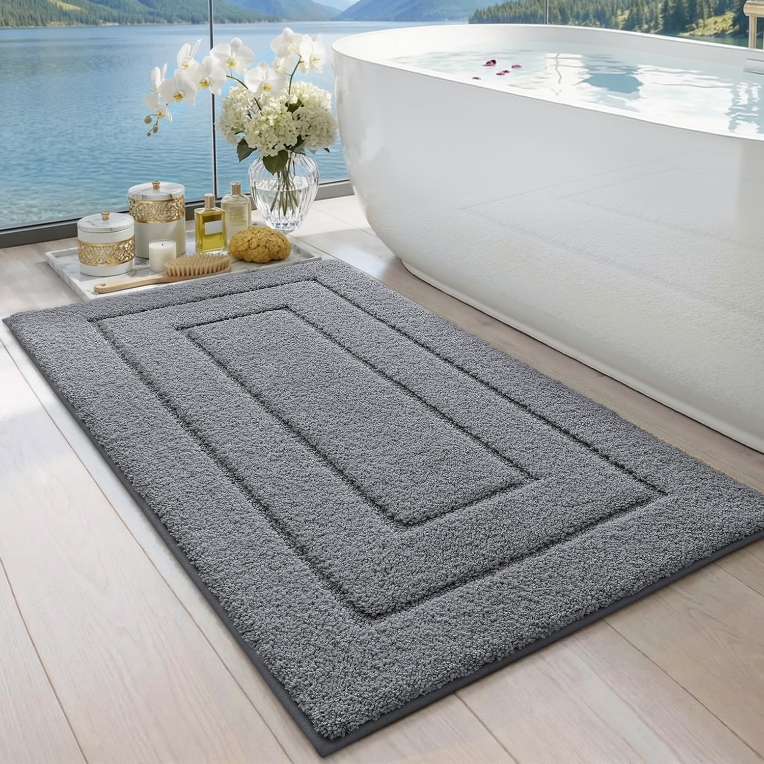DEXI Bath Mat 60 x 110 cm, Extra Soft Absorbent Microfiber, Non-Slip Bathroom Mats, Machine Washable Rugs for Shower Floor, Grey