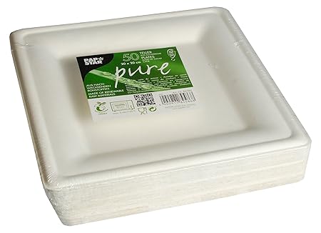 Papstar Pappteller / Einwegteller weiß, eckig 'pure' (50 Stück) aus Zuckerrohr, 20 x 20 cm, geeignet für festliche Anlässe wi