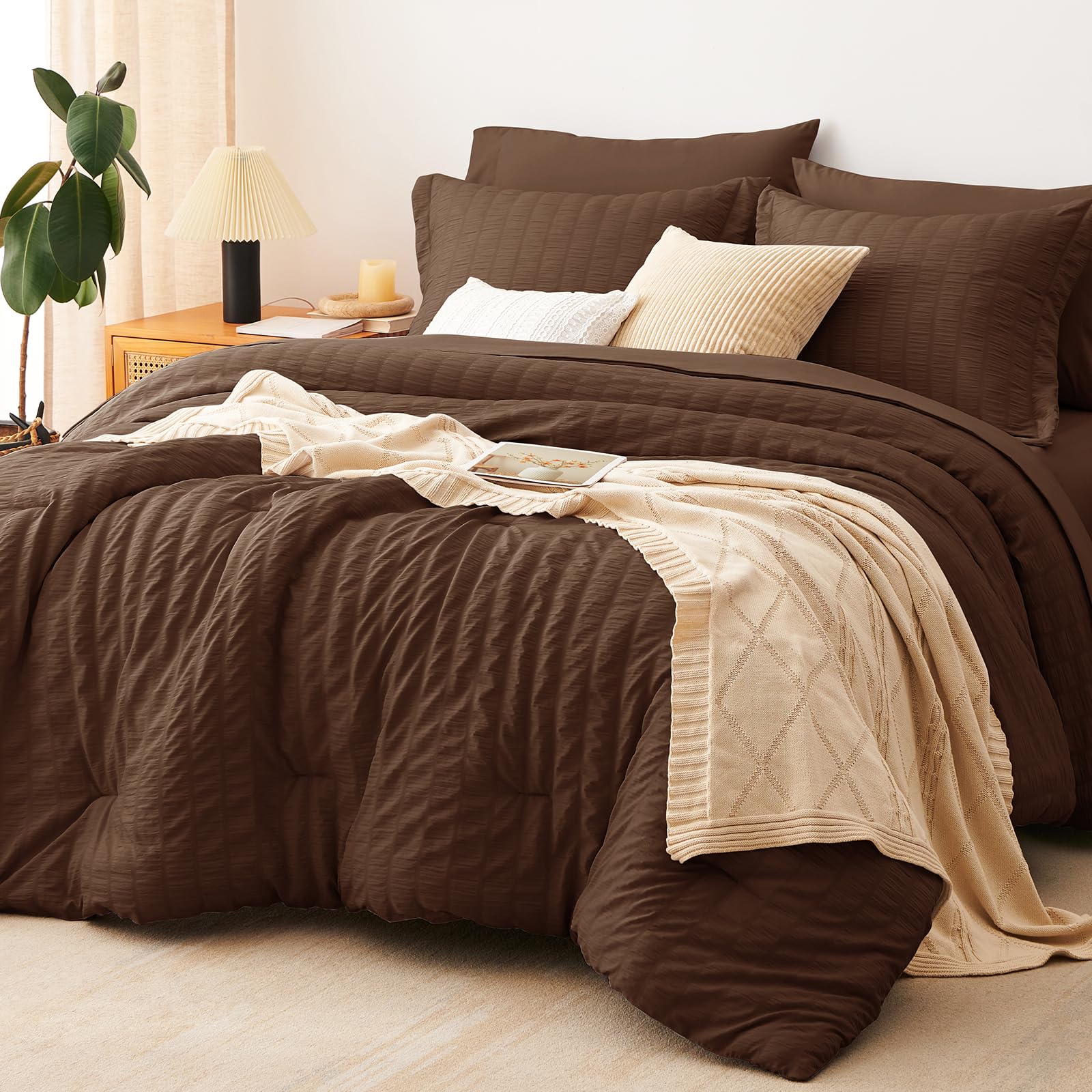 Photo 1 of CozyLux King Size Comforter Set Brown Seersucker 7 Pieces Bed in a Bag King Comforter Set with Sheets, Luxury Soft Bedding Set with Down Alternative Comforter, Sheets, Pillowcases & Shams All Seasons