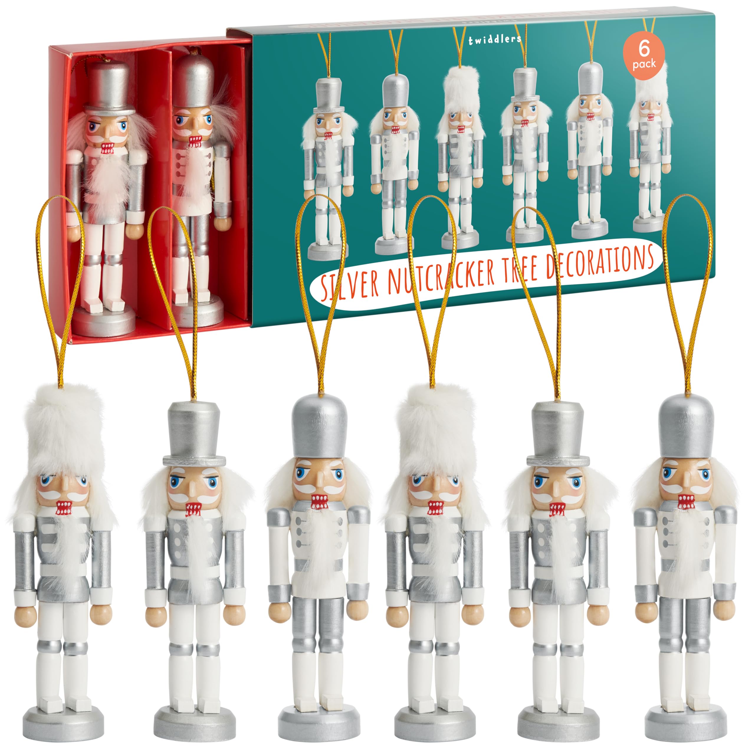 THE TWIDDLERS - 6 Silver Wooden Christmas Nutcracker Soldier Ornaments, 10cm / 4" - Tree Hanging Decorations in Festive Traditional Xmas Designs