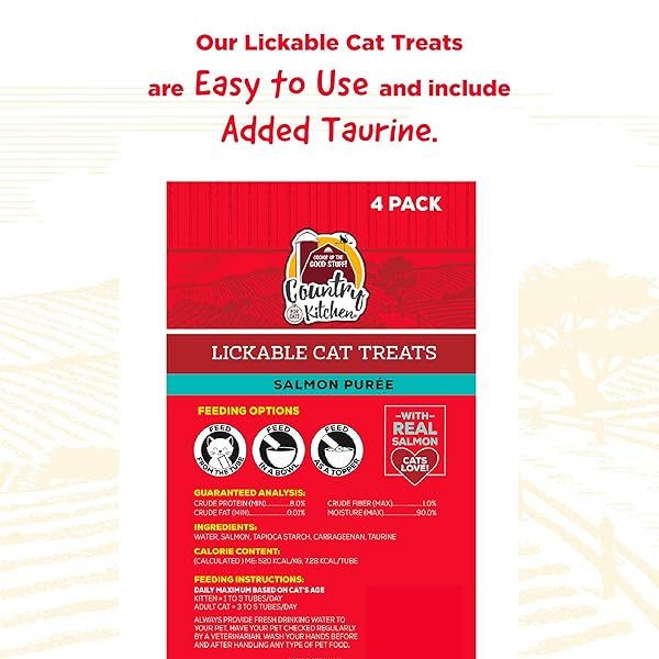 COUNTRY KITCHEN SALMON PUREE LICKABLE CAT TREATS, MADE WITH REAL SALMON, 2 OZ, 4 COUNT