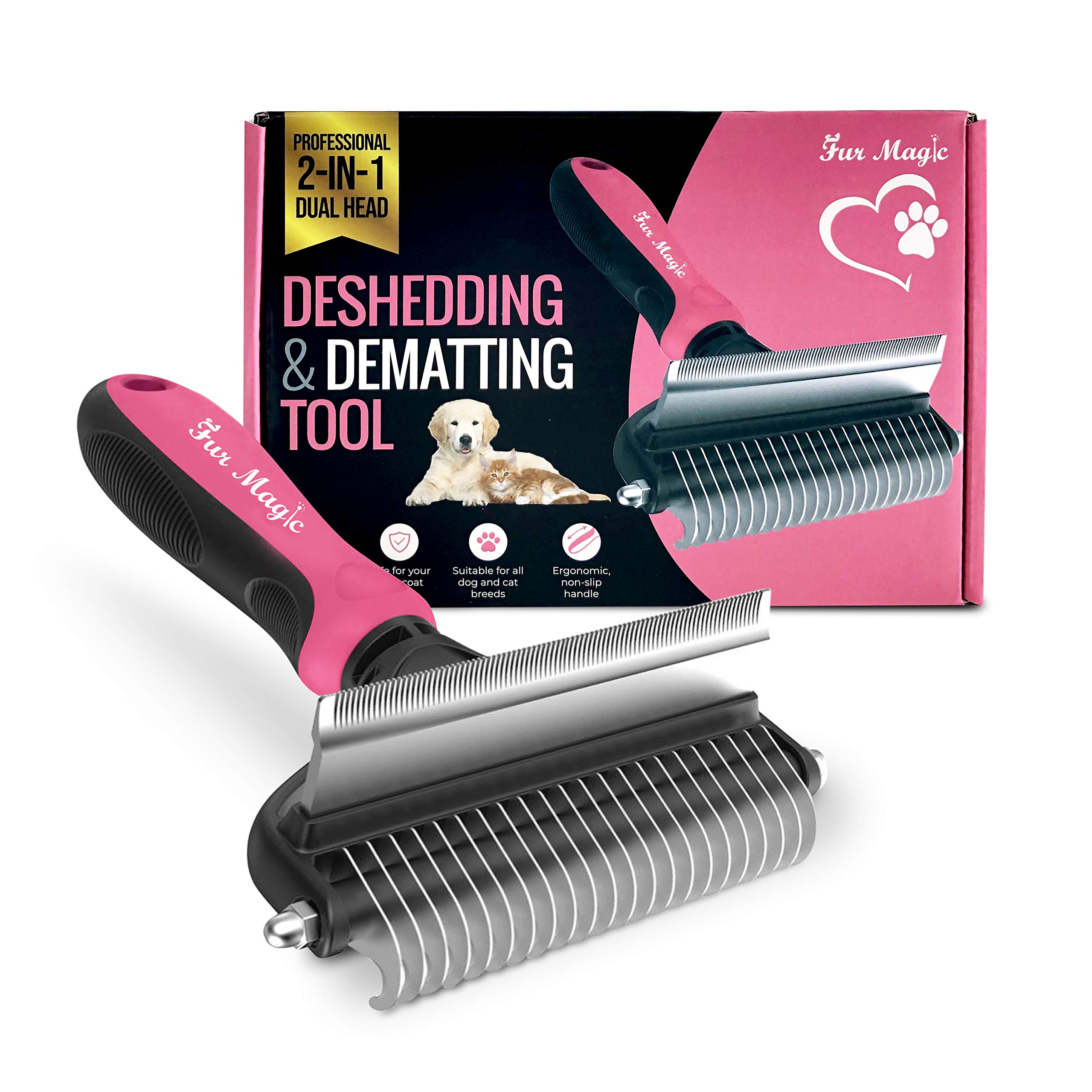 Fur Magic Deshedding and Dematting Tool – 2-in-1 Double-Sided Dog Grooming Brush for Long, Medium, Short Hair – Removes Knots, Loose Undercoat, Mats – Professional Pet Brush for Grooming Cats, Dogs