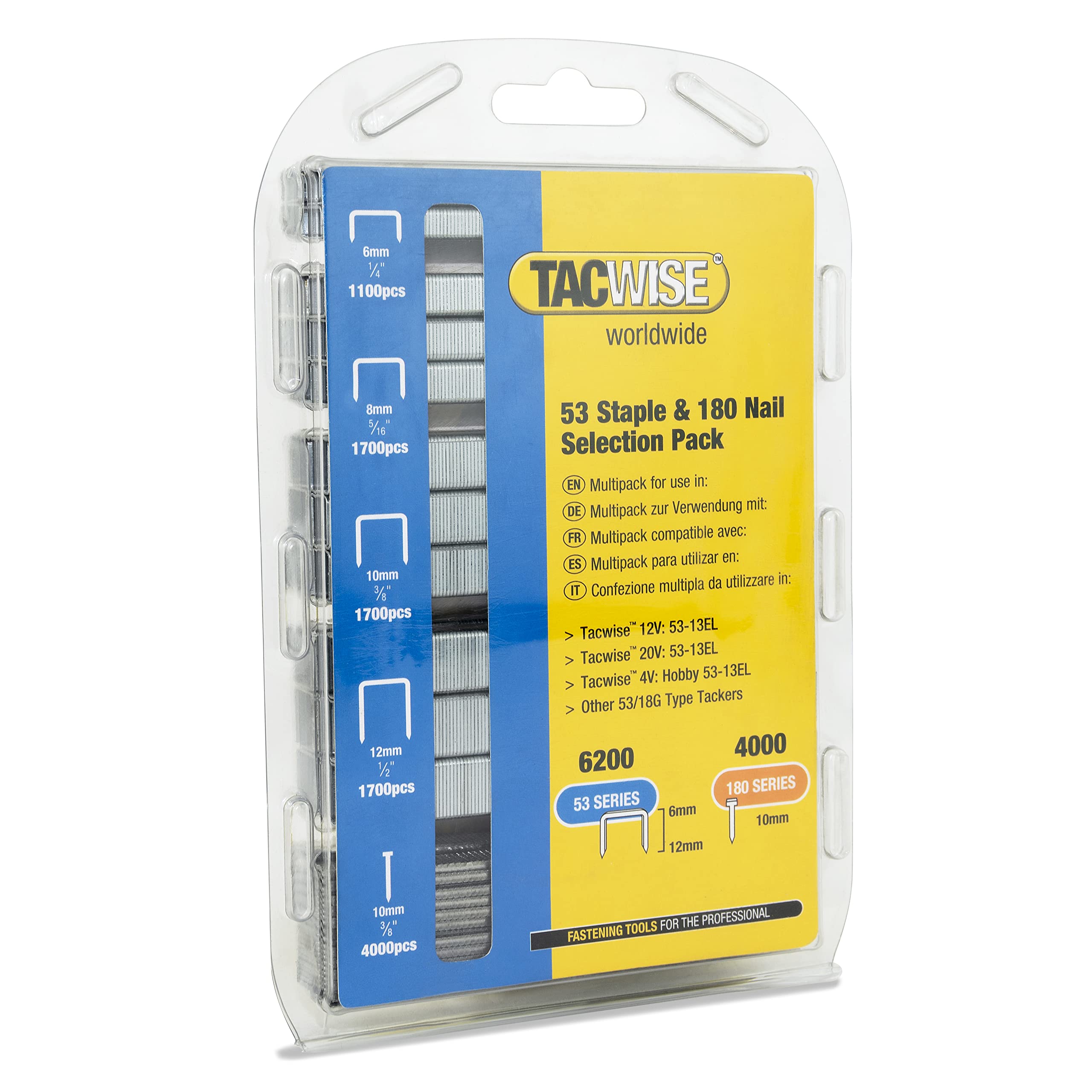 Tacwise 1628 Type 53 Staples in Various Sizes & Type 180 (18G)/10 mm Nails Selection Pack, Galvanised, Pack of 6200 Staples & 4000 Nails