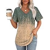 OFEEFAN Womens T Shirts V Neck Short Sleeve Casual Tops Loose Fit Basic Tees with Curved Hem