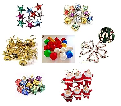 FizzyTech 70 pcs Christmas Tree Decorations Set (Balls, Bells, Gifts, Drums, Stars, Candy Sticks & Santa Claus)