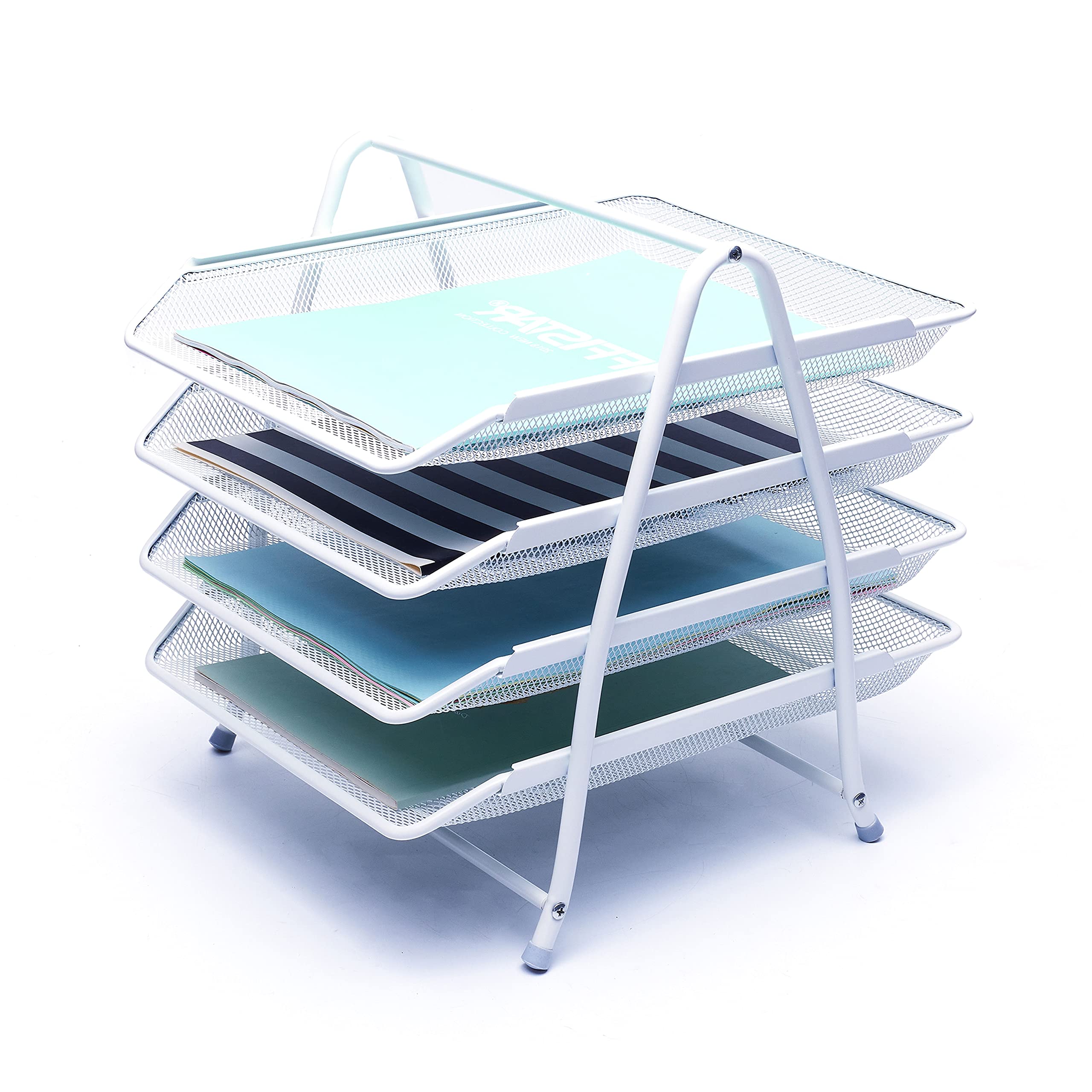 EXERZ Letter Trays 4 layers, Free Standing Paper Sorter - Desk Organiser - File Holder - Wire Mesh Metal File Rack - For Office, School, Home, Study (4 x White)