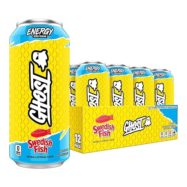 GHOST ENERGY DRINK – 12-PACK, SWEDISH FISH, 16OZ CANS – ENERGY & FOCUS & NO ARTIFICIAL COLORS – 200MG OF NATURAL CAFFEINE, L-CARNITINE & TAURINE – GLUTEN-FREE & VEGAN