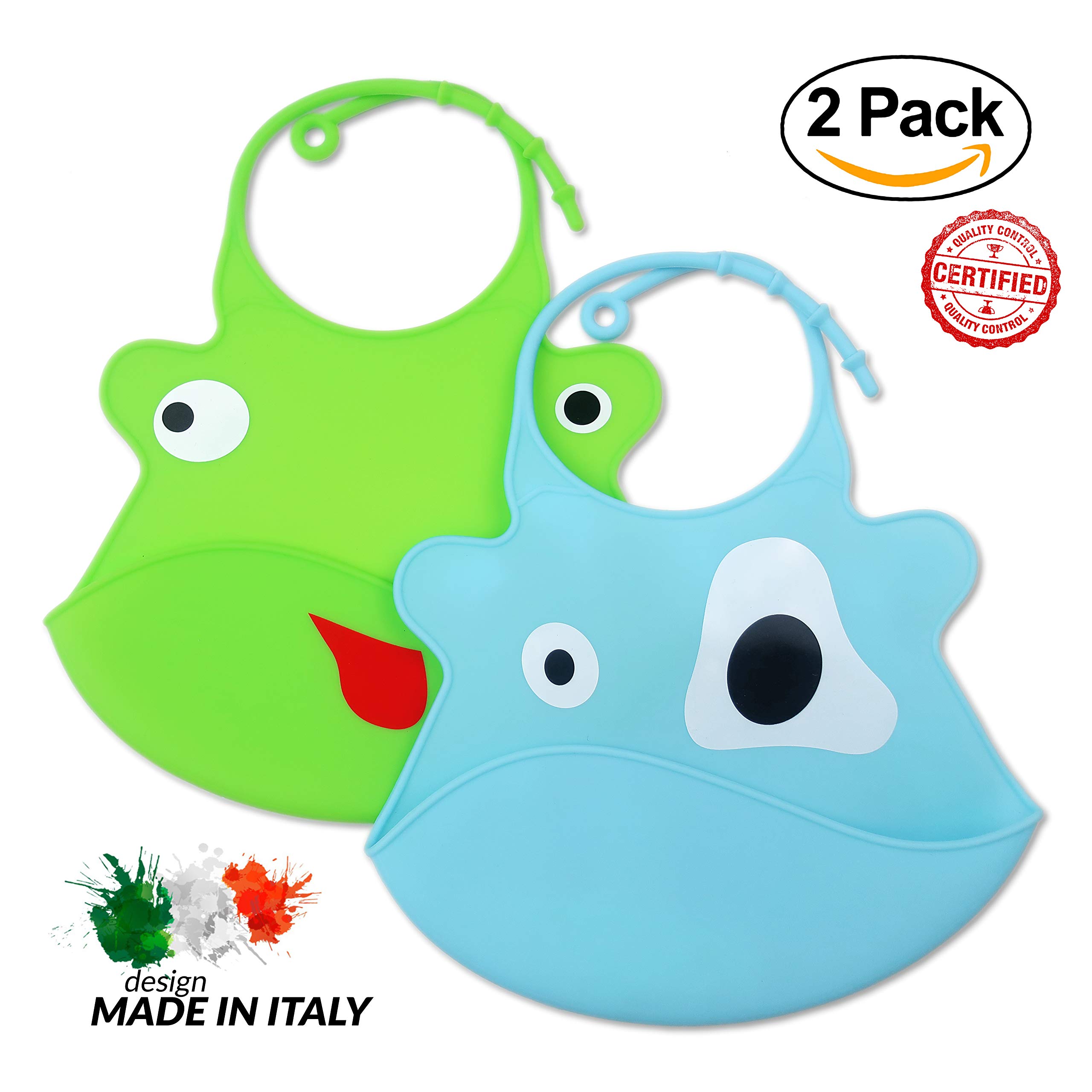 Bavaglini Neonato in Silicone Morbido con Tasca Raccogli Briciole e Pappa - Bavaglini Impermeabili per Asilo, Lavabili ed Inodori - Set 2 Bavette Neonato 2.0 Per Bambino e Bambina (Verde/Azzurro)