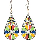 Handmade Boho Vintage Earrings for Women Ethnic Antique Geometric Teardrop Crystal Colorful Daisy Floral Flower Earrings Retro Bohemian Jewelry Gifts