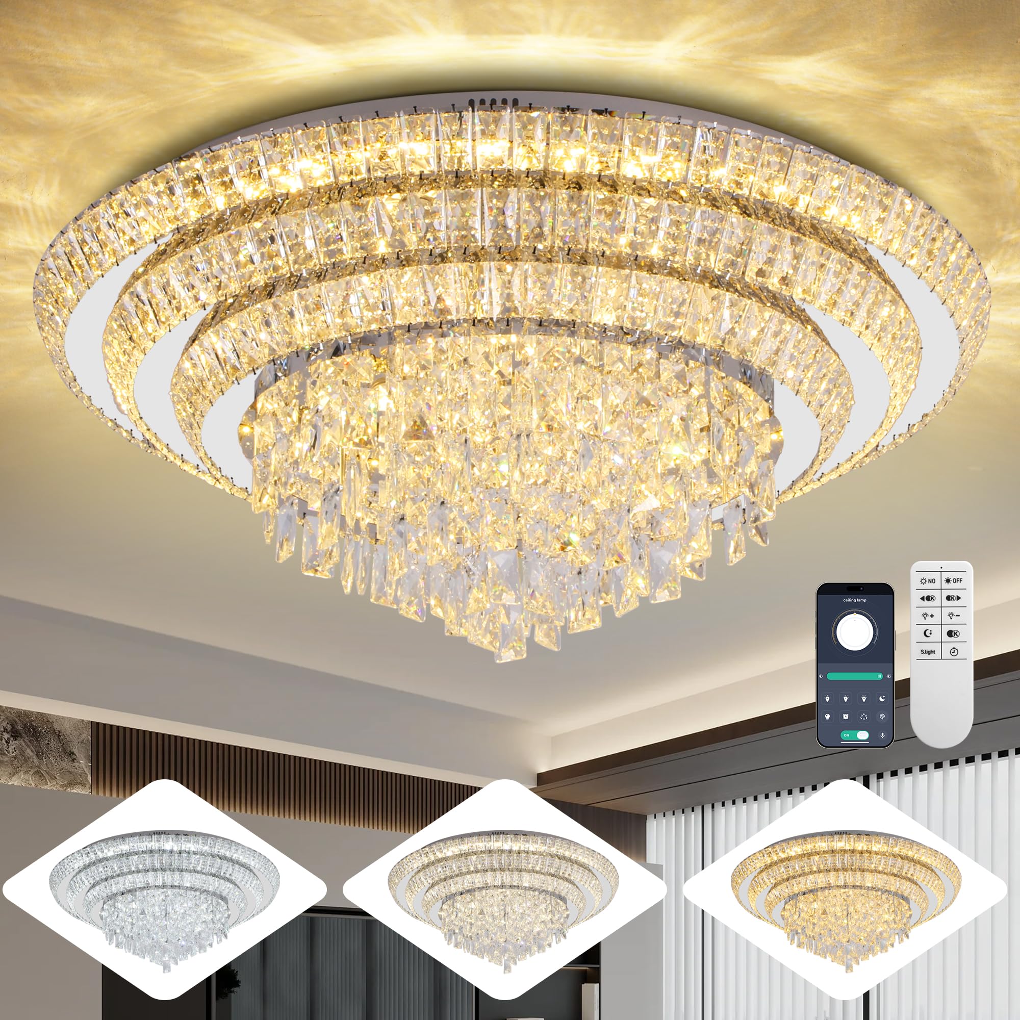 Photo 1 of 30 inch Crystal Silver Ceiling-Light Flush Mount With Remote Control and APP, 3CCT Dimmable & Brightness Adjustable, Modern Crystal Raindrop Chandeliers for Bedroom Hallway Dinning Room Living Room