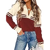 COCCKO Women's V Neck Winter Sweaters Lapel Striped Chunky Knit Pullover Sweater Red and White M