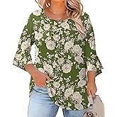 Rapbin Plus Size Tops for Women 3/4 Ruffle Sleeve Crew Neck Button Down Pleated Blouses Casual Fashion Tunic (1X-5X)