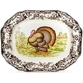 Spode Woodland 19" Octagonal Serving Platter, Turkey Motif - Fine Porcelain Thanksgiving Dinnerware with British Flower Boarder for Holiday Feasts and Family Gatherings, Microwave &amp; Dishwasher Safe