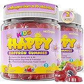 Happy Saffron Gummies for Kids Teen, Organic Saffron + Magnesium Glycinate Supplement with Probiotics, L-Theanine, Chamomile, D3, B6, B12 for Children's Focus & Mood, Calm, Sleep, Sugar Free, 120 Cts