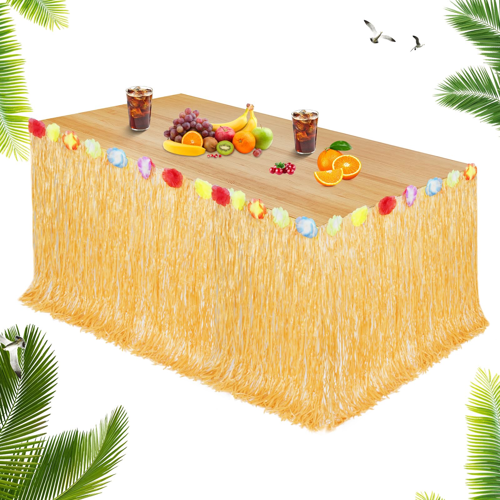 Aomig Hawaiian Grass Table Skirt, Hawaiian Tropical Party Decoration Grass Table Skirt, 275 x 75 cm Grass Table Cloths with Flowers for Luau Party Birthday Tiki Bar Tropical Hula Party(2 Pcs)