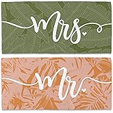WAITPI Couple Mr Mrs Beach Towel Set of 2, Honeymoon Wedding Valentines Beach Towels Gifts for Bride Groom Newlywed,Green and Orange Botanical Quick Dry Towels Oversized Decor for Bathroom 30x60in