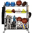 Sports Equipment Organizer for Garage, Sports Storage for Garage, Garage Toy Storage, Rolling Basketball Rack, Storage for Nerf Gun, Storage Organization for Outdoor/Indoor, Steel, Black (WEY007)