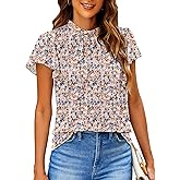 SimpleFun Women Boho Shirts Floral Ruffle Short Sleeve Mock Neck Flowy Casual Summer Blouses Tops