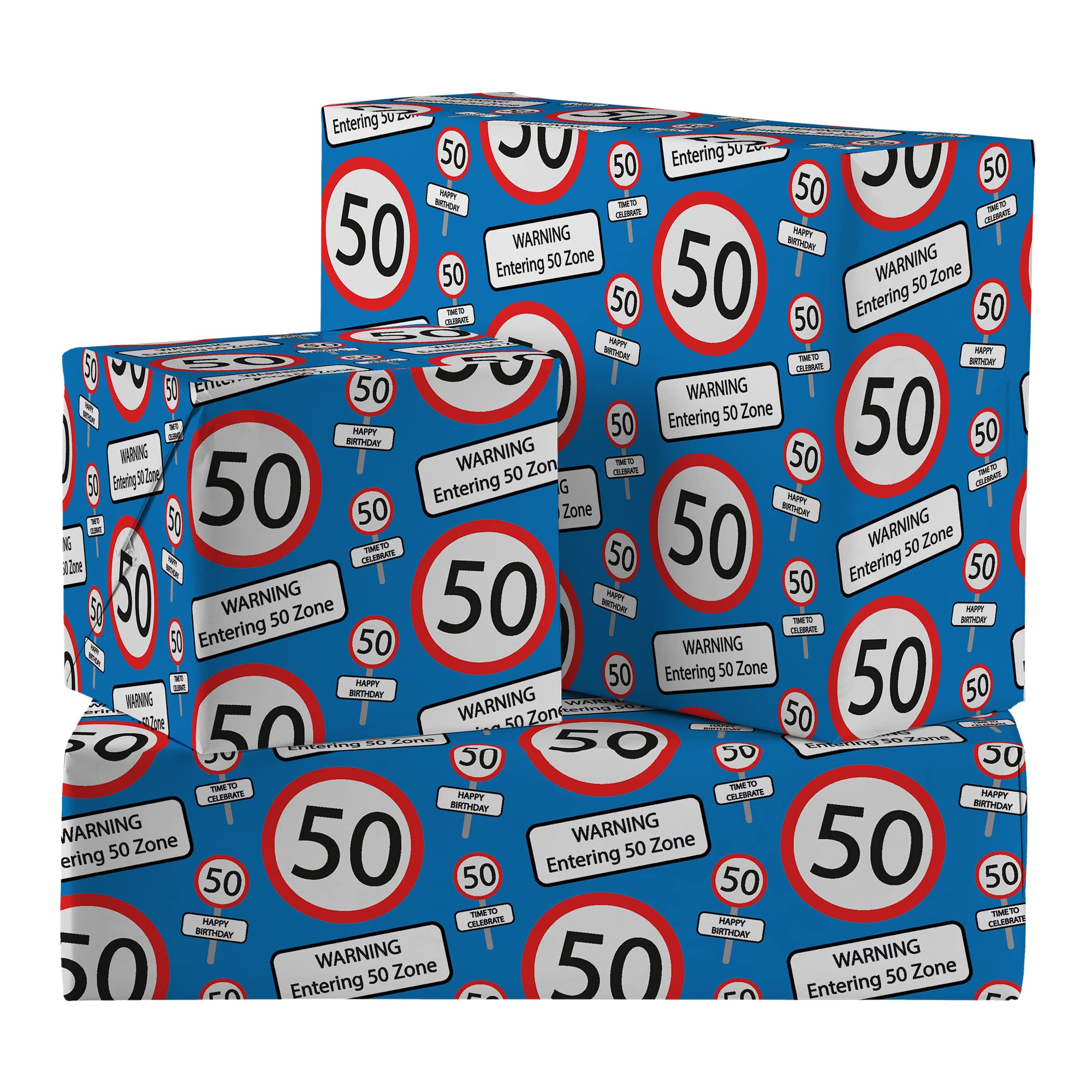 Hunts England - 2 Sheets Of Humorous 50th Birthday Luxury Wrapping Paper - Blue - Includes 2 Gift Tags - Age 50 Folded Gift Wrap For Him/Her - Road Sign Collection - Age Fifty Gift Wrap
