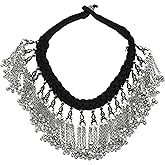 Indian Ethnic Antique Afghani Silver Oxidized Polish Ghungroo Bells Boho Gypsy Tribal Statement Multi Mirror Stone Choker Thread Necklace Earrings Jewelry for Women