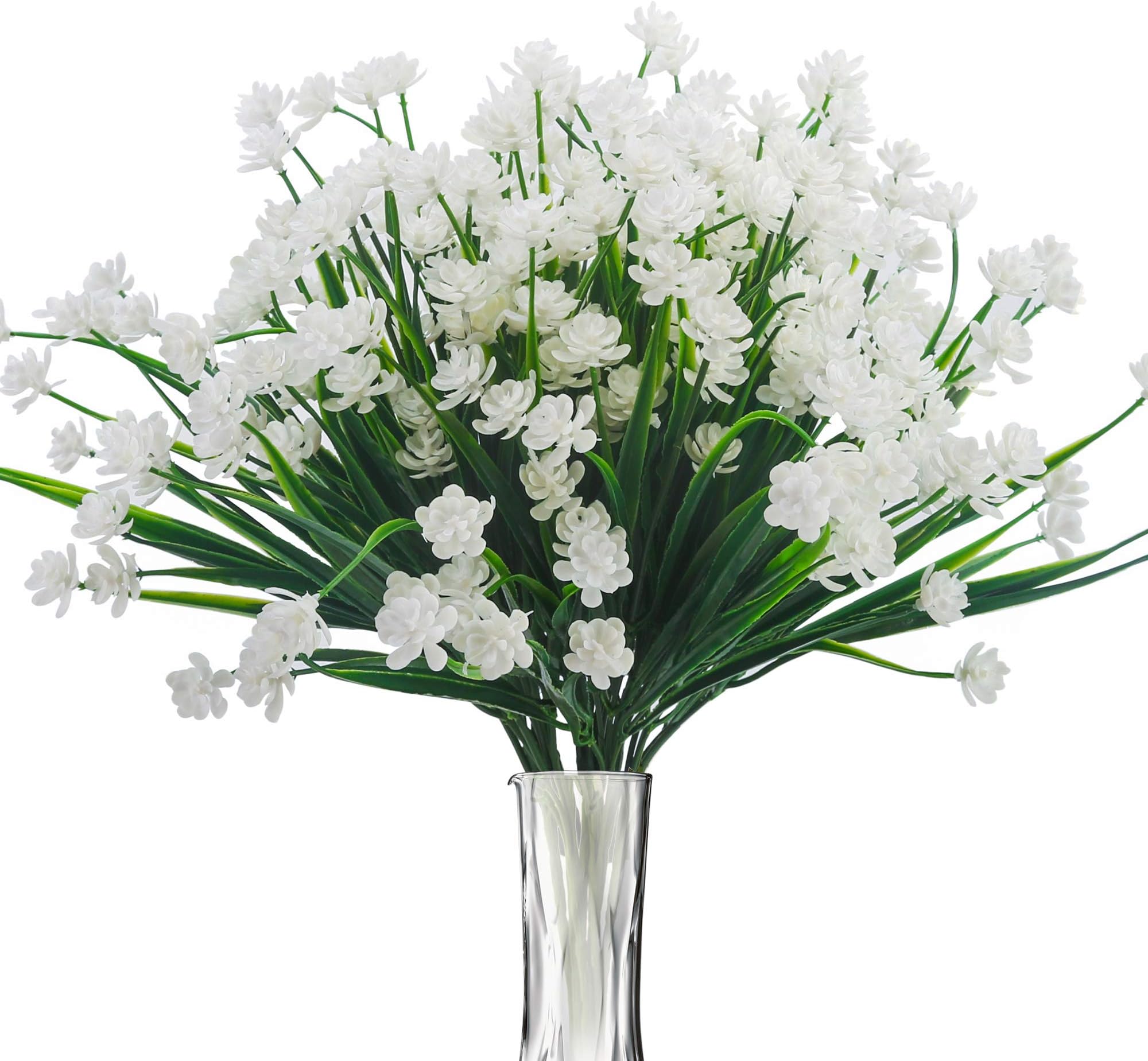 BOMAROLAN 8 Bundles Artificial Flowers Outdoor UV Resistant Greenery, Fake Shrubs Flowers No Fade Faux Plastic Plants for Hanging Planter Flora Fence Indoor Outside Decor Cemetery Decor (White)