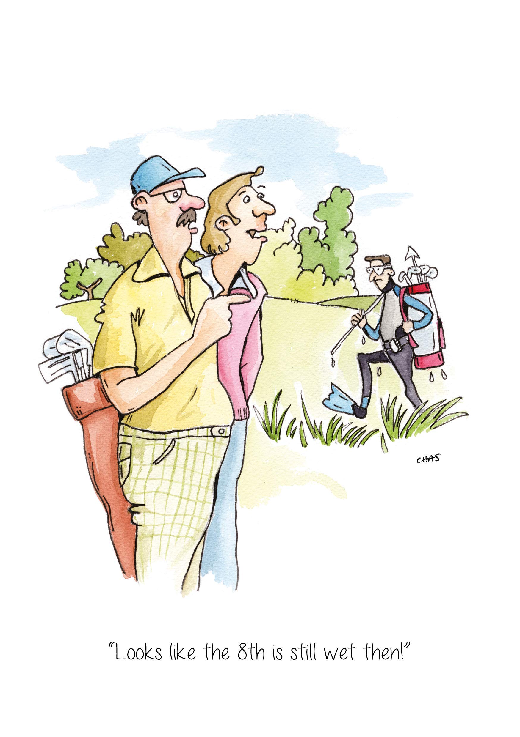 A5 Golf Greeting card 'Looks like the 8th is still wet then ' for thank you's, invitations, birthdays etc. Blank inside for your own message and supplied cellophane wrapped with an envelope (AC56)