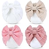 Cinaci 4 Pieces Baby Girls Turban Hats with Bow Newborn Hospital Caps Bonnets Beanies Headwraps for Infants Toddlers
