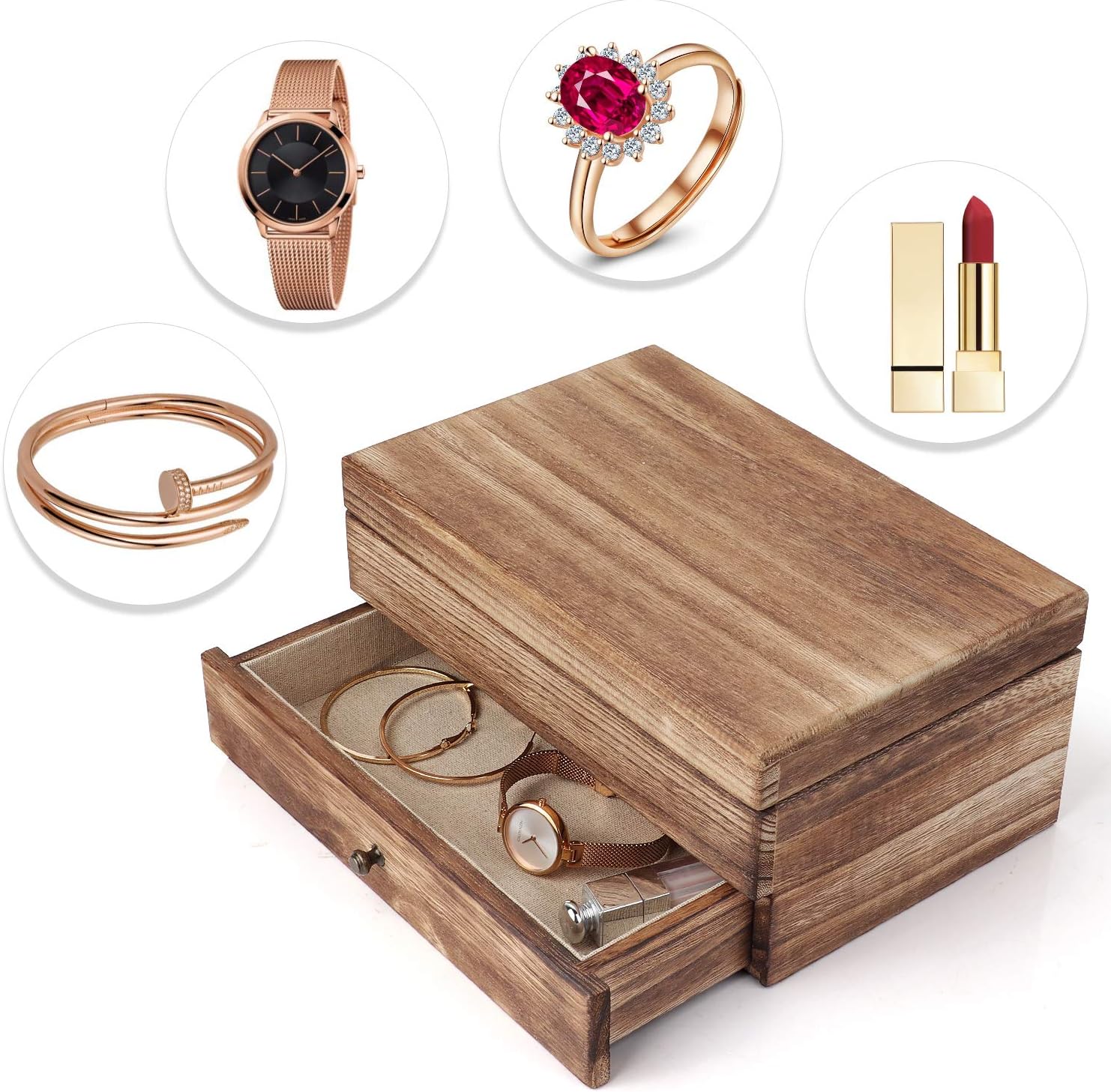 Meangood Jewelry Organizer Box Two-Layer, Jewelry case for Women, Wood Display Case with Mirror&Ring Tray, Vintage Style Torched Wood: Home Improvement