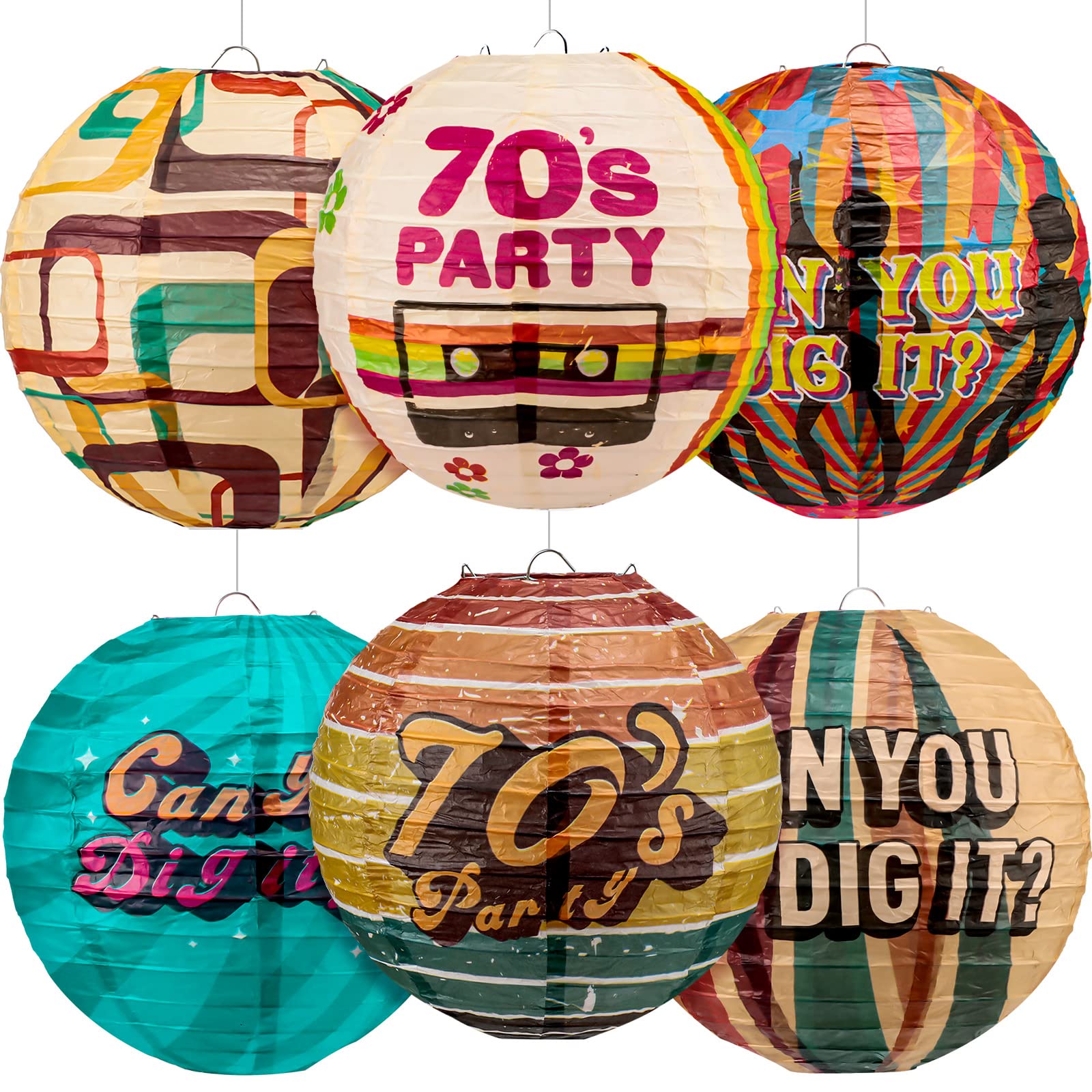 Photo 1 of 6 Pieces 70s Disco Party Hanging Paper Lanterns 70s Party Hippie Decoration Can You Dig It Paper Lanterns Retro Round Paper Lanterns for 70's Decades Birthday Party Supplies