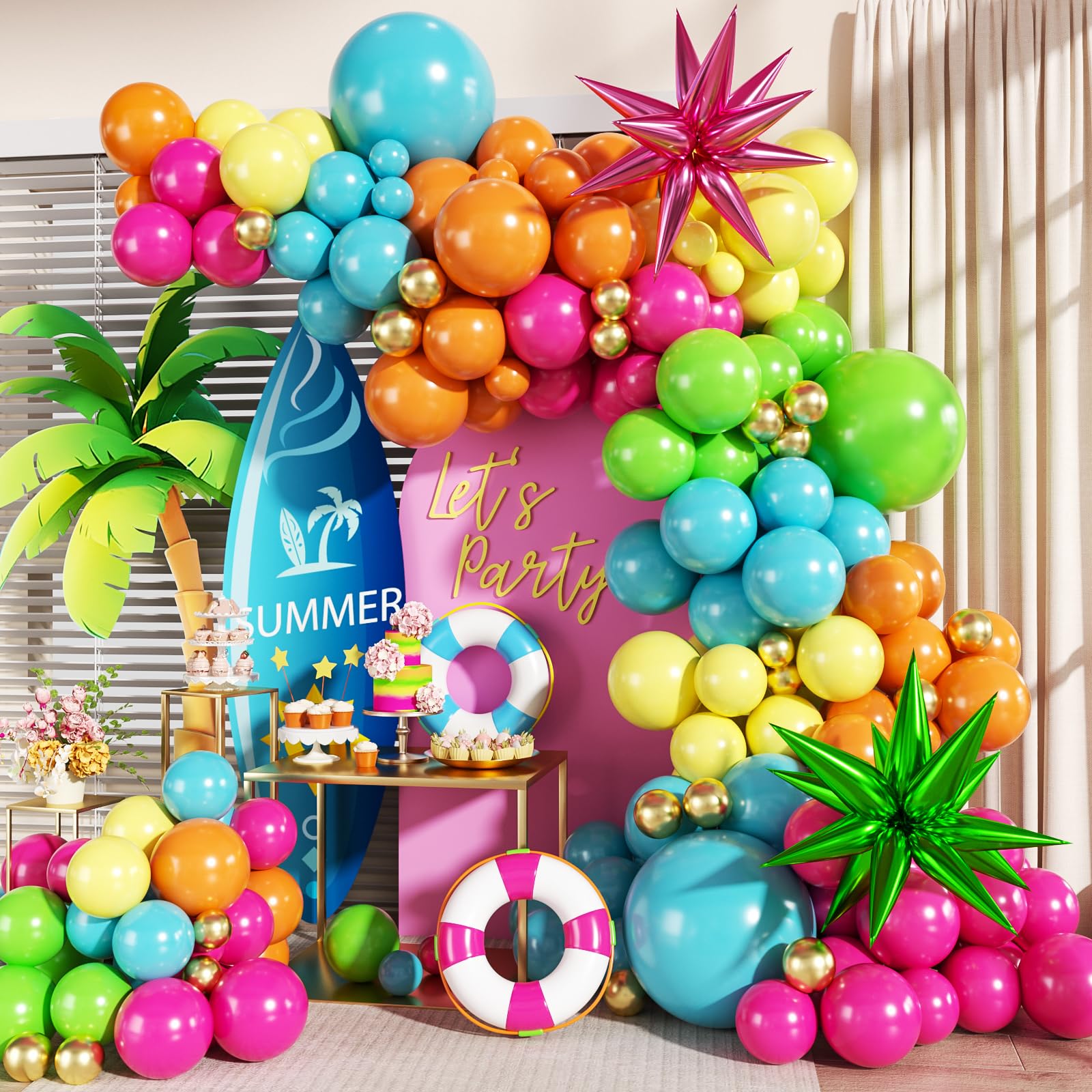Summer Tropical Balloon Arch Kit 141Pcs Orange Hot Pink Yellow Blue Green Gold Balloons with Foil Star Balloons for Hawaiian Luau Aloha Theme Baby Shower Birthday Party Decorations