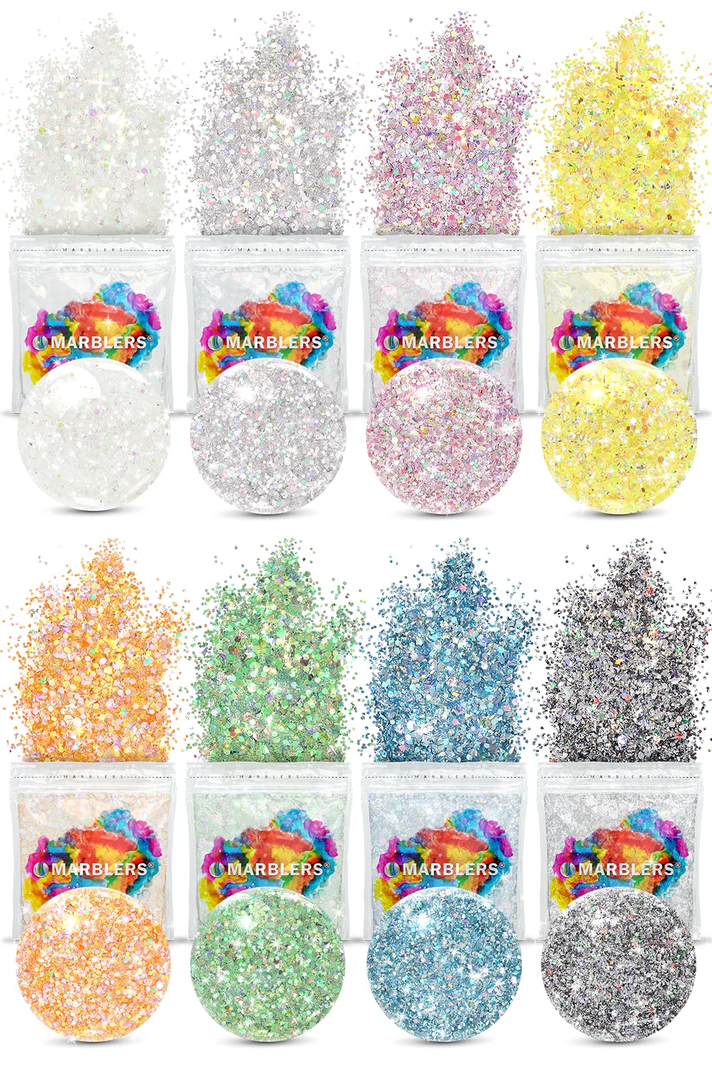 MARBLERS Holographic Glitter [Mixed Set] 4oz (112g) | 8 Colours | Chunky | Non-Toxic, Vegan, Cruelty-Free | Face, Body, Eyeshadow, Hair, Party Makeup | Nail Art, Polish | Resin, Tumbler, Slime, Craft — image 1